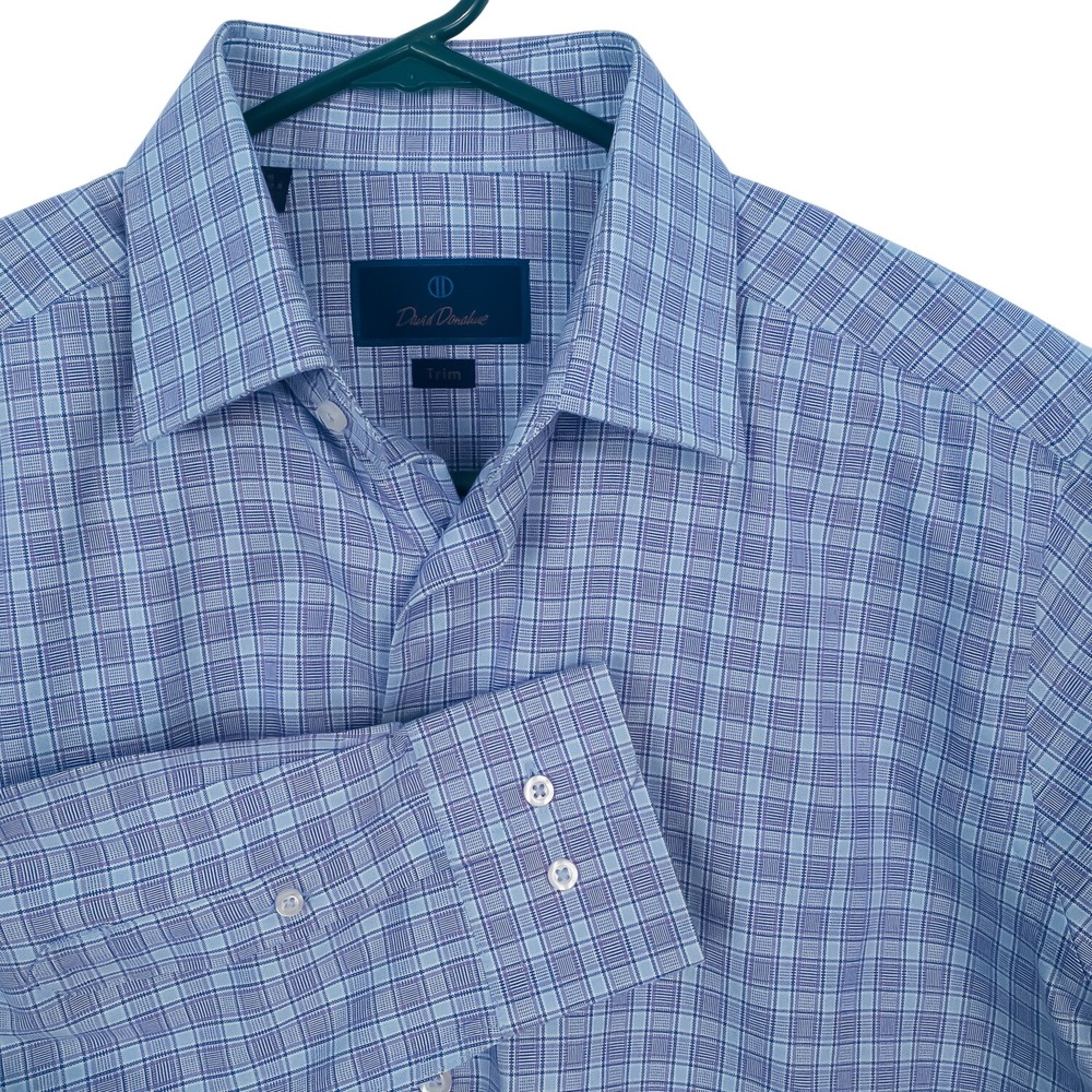 David Donahue Button-Down Mens 16 32/33 Blue Purple Plaid Trim‎ Fit Cotton